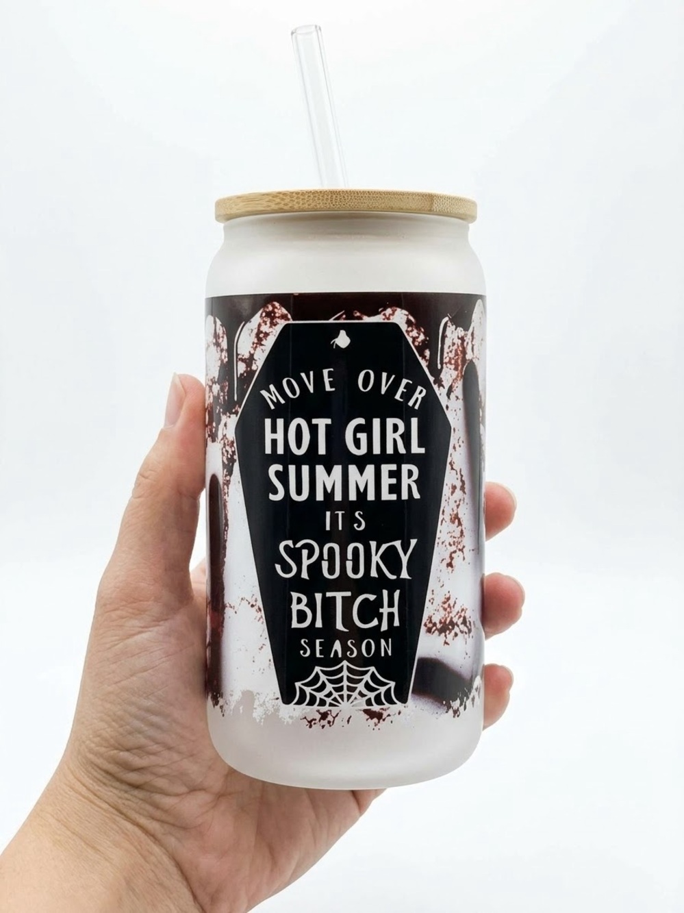 Spooky Season White Glass Tumbler with Straw - Halloween Graphic, NEW